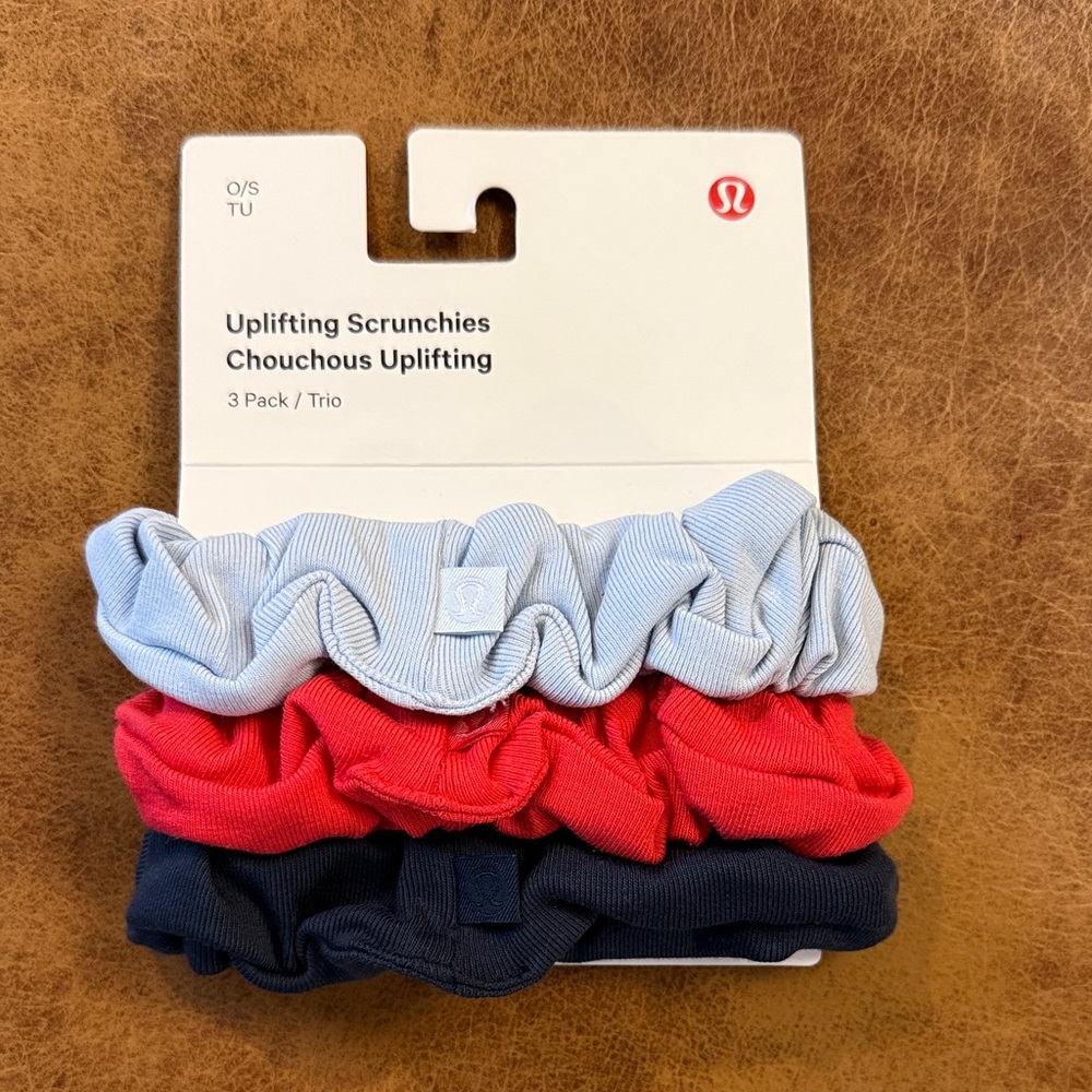 NWT 3 Pack Lululemon Uplifting Scrunchies Windmill Nautical Navy Blue Sonic Red